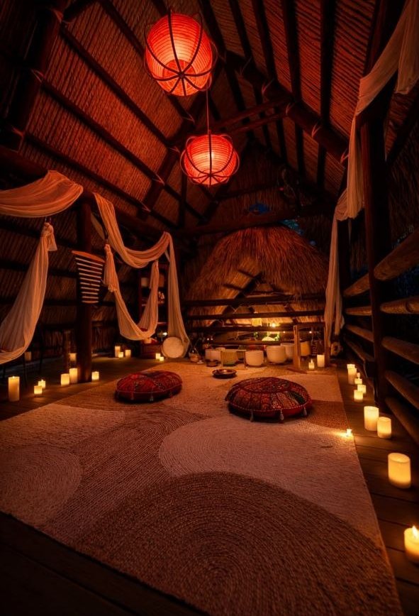Thatched lounge at night lit by lanterns and candles