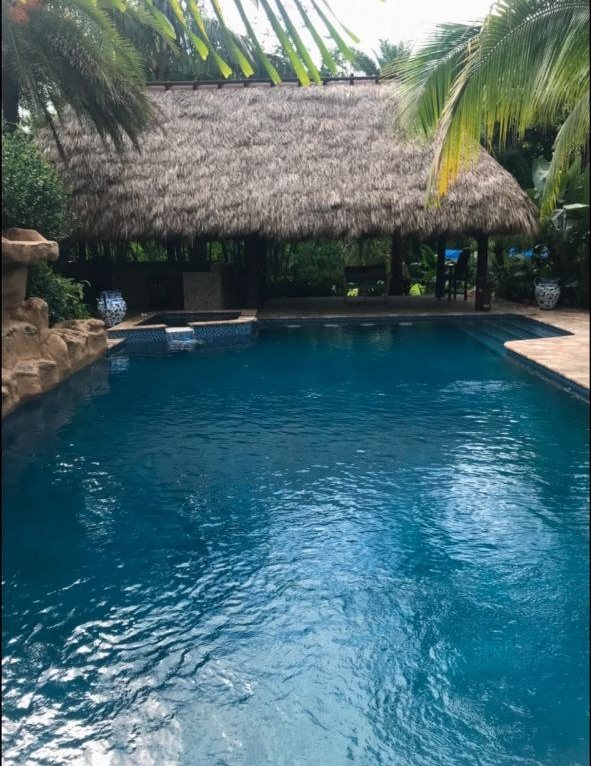 Thatched hut at the edge of a blue pool
